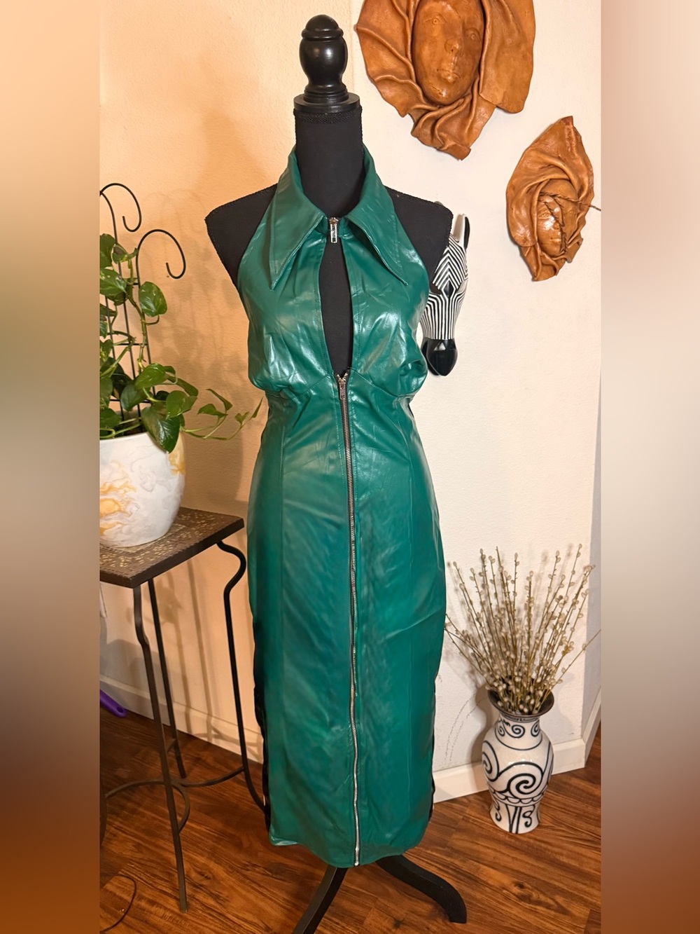 Fashion Nova Green Faux Leather Halter Zip Midi Dress - Picture 4 of 6